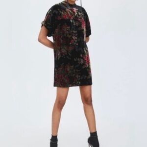 NWT ZARA TRAFALUC BLACK BURNOUT DEVORE FLORAL VELVET TUNIC DRESS SMALL